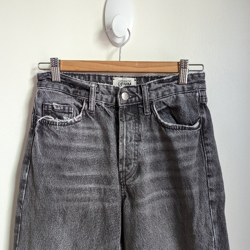 ZARA Dark Grey Boyfriend Fit Raw Hems High Rise Casual Button Fly Jeans Size 24 - Picture 4 of 12